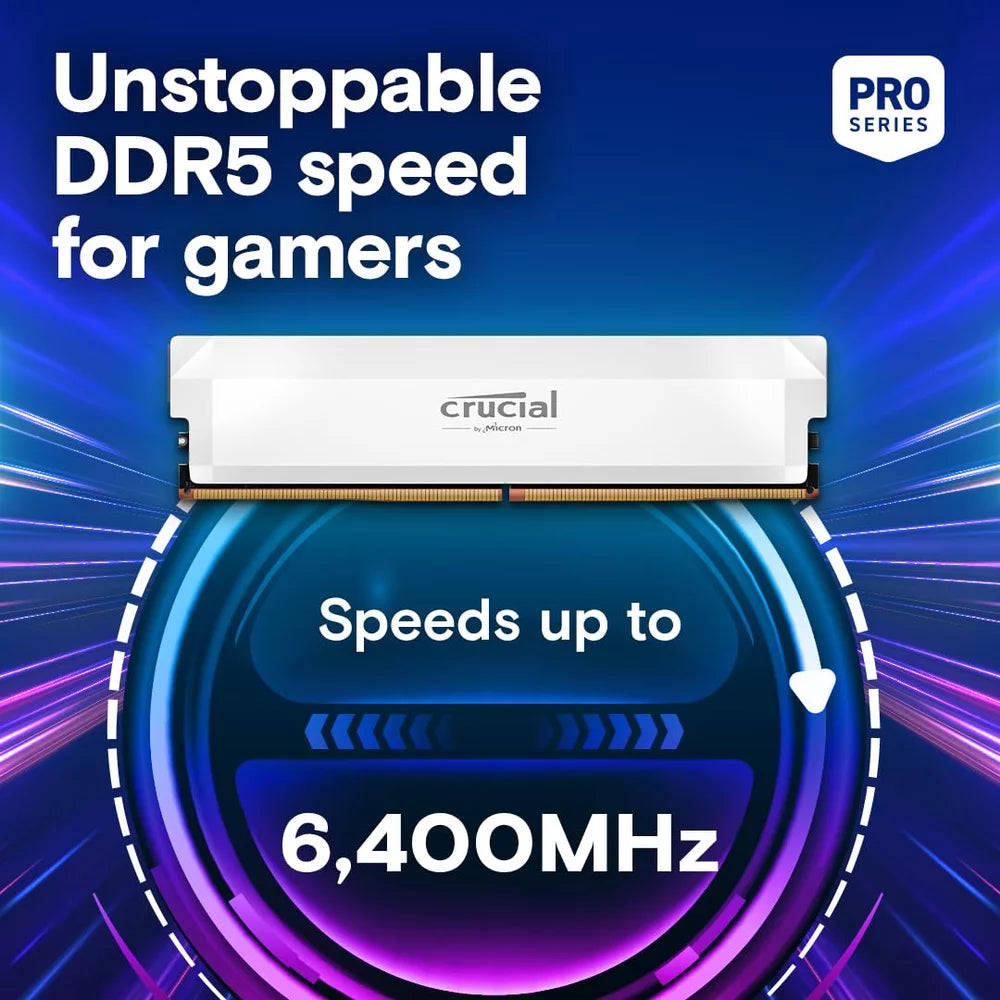 Crucial Pro DDR5 RAM 32GB Kit (2x16GB) 6400MHz CL38 - White | Part No. CP2K16G64C38U5W
