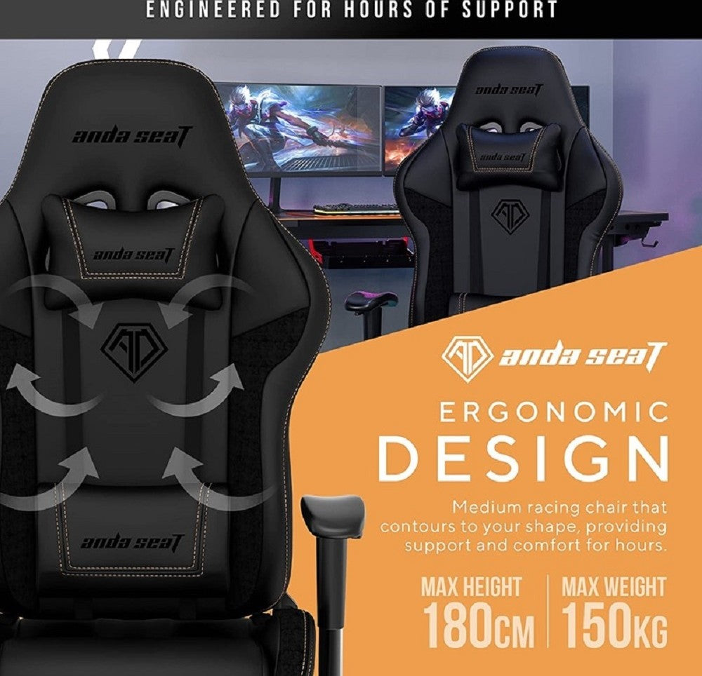 AndaSeat Jungle 2 Series Premium Gaming Chair, Sturdy Retractable Footrest, Ergonomic Design, High-Quality PVC Leather, Lifetime Framework, Black | AD5T-03-BR-PV