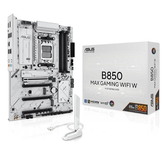 ASUS B850 MAX Gaming WiFi W – AMD AM5 ATX Motherboard, White PCB, DDR5, PCIe 5.0 Ready, 3X M.2, Wi-Fi 6E, 2.5Gb LAN, USB 10Gbps Type-C, DisplayPort, HDMI™, BIOS Flashback™, Aura Sync, ASUS AI Advisor