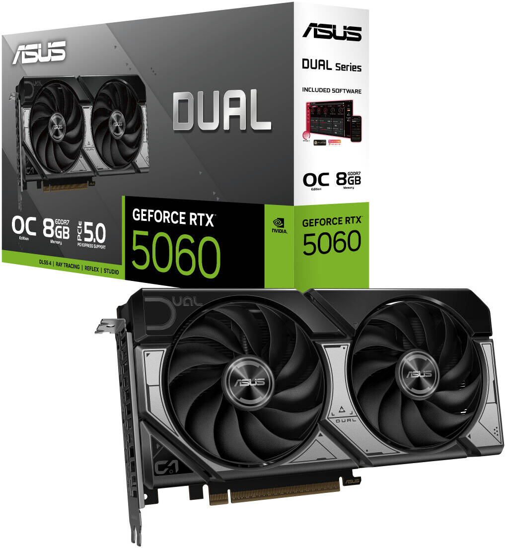 Asus GeForce RTX 5060 Dual 8GB GDDR7 OC Edition Gaming Graphics Card, 128-Bit Memory, 2565 MHz Boost Clock, 28 Gbps Memory Speed, 3840 CUDA Cores, PCI Express 5.0 | 90YV0N12-M0NA00