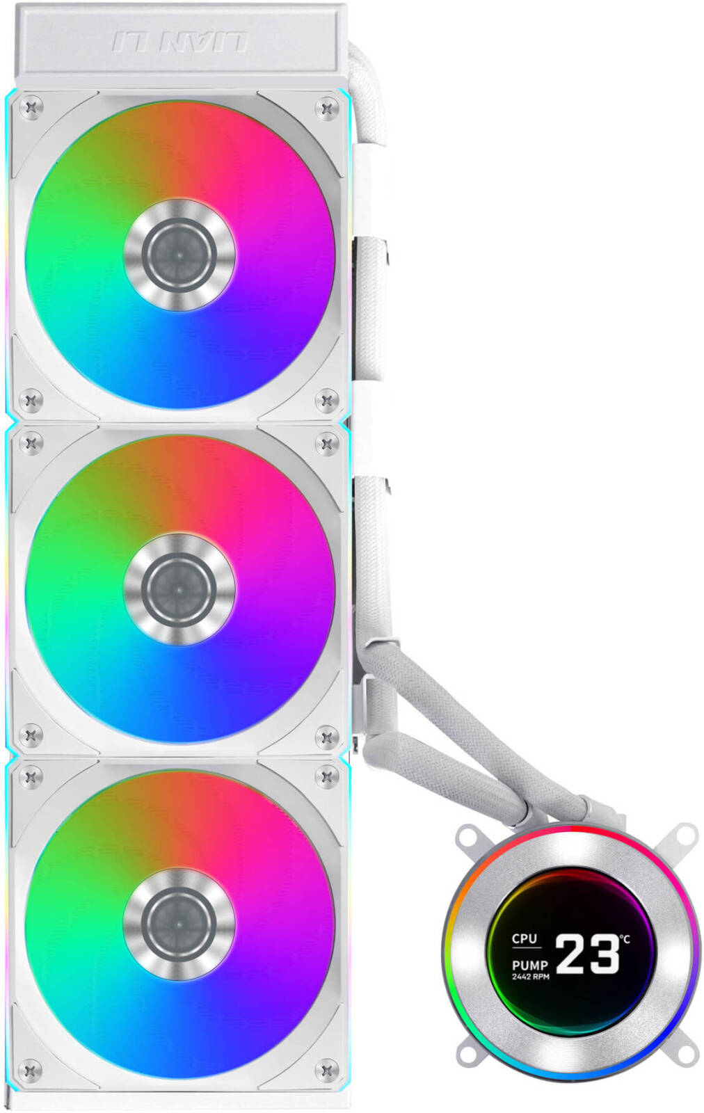 Lian-Li Hydroshift II LCD-C 360CL Liquid Cooler WHITE, 2.1" IPS Display, 2600 RPM Fan Speed, 72 CFM Fan Airflow, 2500 RPM Pump Speed, Aluminum Alloy Radiator Material | GHS2LCD36RW