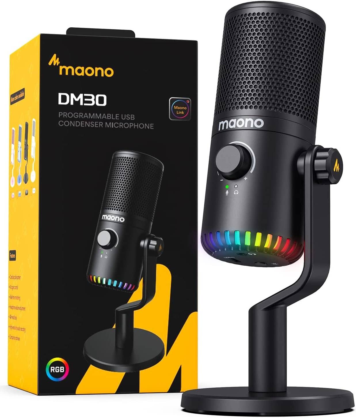 Maono DM30 Black RGB USB Condenser Microphone, Cardioid Polar Pattern, 20Hz-20kHz Frequency Response, -4dBFS Sensitivity, 9 Controllable RGB Light, Real Time Monitoring, Black | DM30