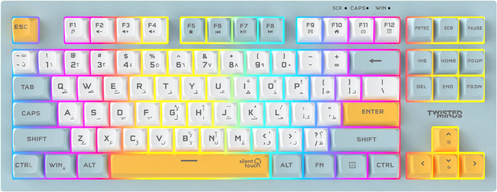 Twisted Minds TM-MK75-W 80% Wired Gaming Keyboard, Spectrum Series, 87 Keys, English/Arabic Layout, Silver Paste, Rainbow Backlit, 19-Key Anti-Ghosting, 1.5m Detachable Cable, Blue | TM-MK75-W
