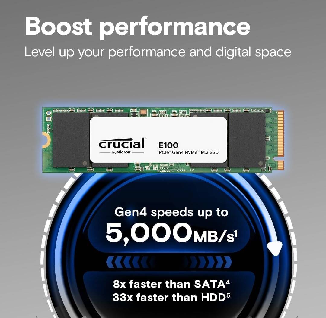 Crucial E100 Internal M.2 SSD 1TB PCie Gen 4.0 NVMe 2280, Up to 5000MB/s Read/Write, CT1000E100SSD8