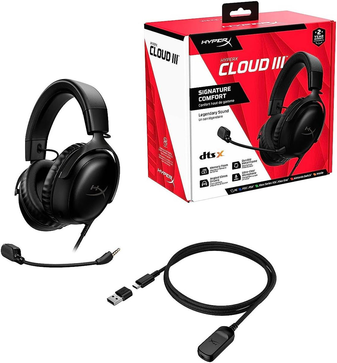 سماعة رأس سلكية للألعاب HyperX Cloud III، لأجهزة الكمبيوتر / PS5 / Xbox Series، لون أسود | 727A8AA