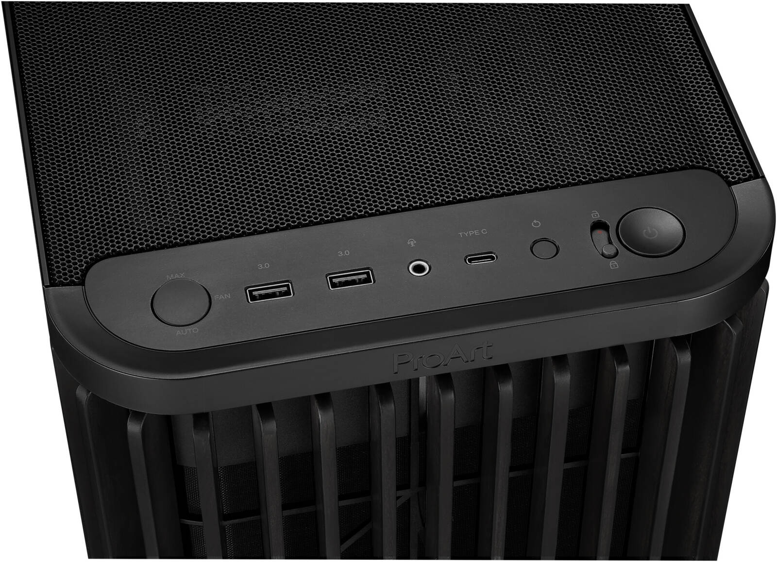 ASUS ProArt PA401 Wood Edition Computer Case, Tempered Glass Panel, 2x 160mm Pre-Installed Fans, Up to 240mm Radiator & 5x Fan Support, Black | 90DC00M0-B39000