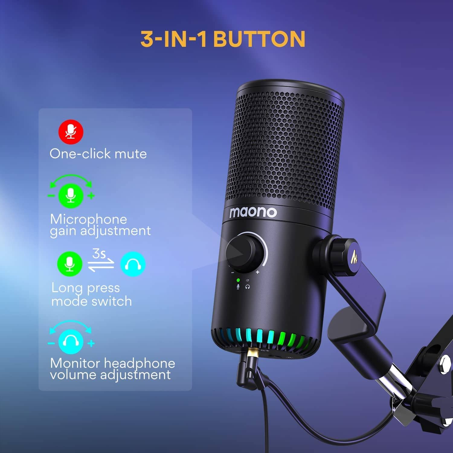 Maono DM30 Black RGB USB Condenser Microphone, Cardioid Polar Pattern, 20Hz-20kHz Frequency Response, -4dBFS Sensitivity, 9 Controllable RGB Light, Real Time Monitoring, Black | DM30