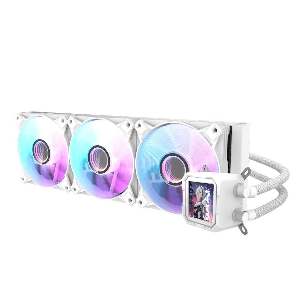 DarkFlash DV360SW Wave White 360MM AIO LCD Liquid Cooler, 360mm Radiator, 3x 120mm aRGB Fans, 3.2" IPS Display, 64.05CFM Fan Airflow, 1800 RPM Fan Speed, 30dBa Noise Level, Copper Base Water Block, White | DV360SW