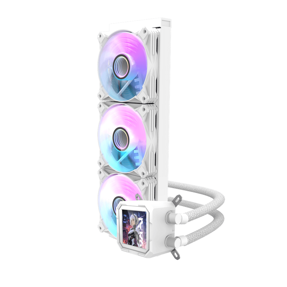 DarkFlash DV360SW Wave White 360MM AIO LCD Liquid Cooler, 360mm Radiator, 3x 120mm aRGB Fans, 3.2" IPS Display, 64.05CFM Fan Airflow, 1800 RPM Fan Speed, 30dBa Noise Level, Copper Base Water Block, White | DV360SW