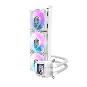 DarkFlash DV360SW Wave White 360MM AIO LCD Liquid Cooler, 360mm Radiator, 3x 120mm aRGB Fans, 3.2" IPS Display, 64.05CFM Fan Airflow, 1800 RPM Fan Speed, 30dBa Noise Level, Copper Base Water Block, White | DV360SW