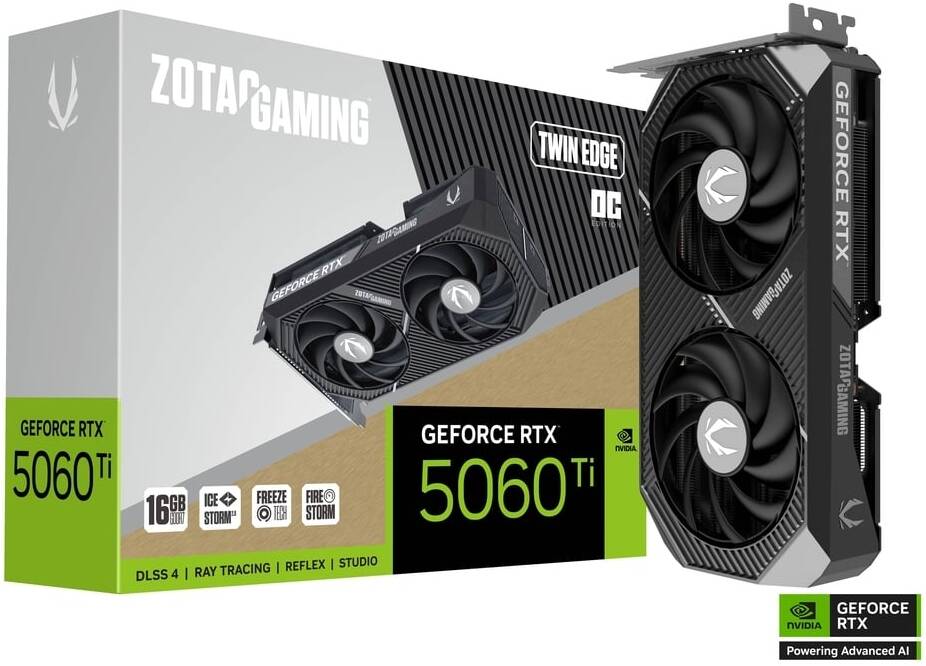 Zotac Gaming GeForce RTX 5060 Ti 8GB Twin Edge GDDR7 Gaming Graphics Card, 128-Bit Memory, 2602 MHz Engine Clock, 28 Gbps Memory Clock, 4608 CUDA Cores, PCI Express 5.0 x16 | ZT-B50620H-10M