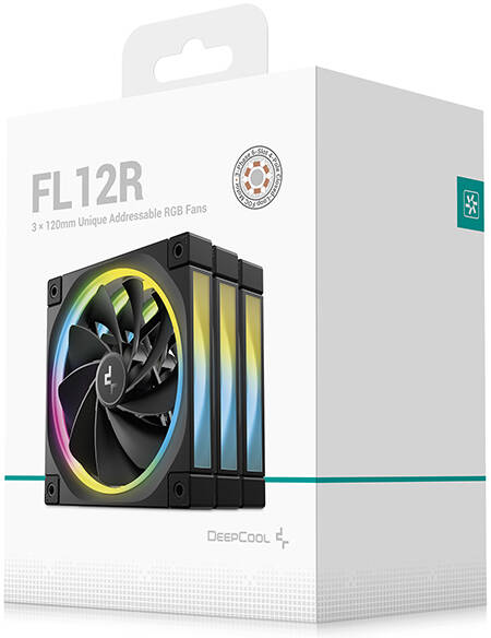 DeepCool FL12R 120mm Pack of 3 Chassis Fans, REVERSED, BLACK, 2150 RPM Fan Speed, 55 CFM Fan Airflow, Fluid Dynamic Bearing Type, 4-Pin PWM Fan Connector, Addressable RGB LED