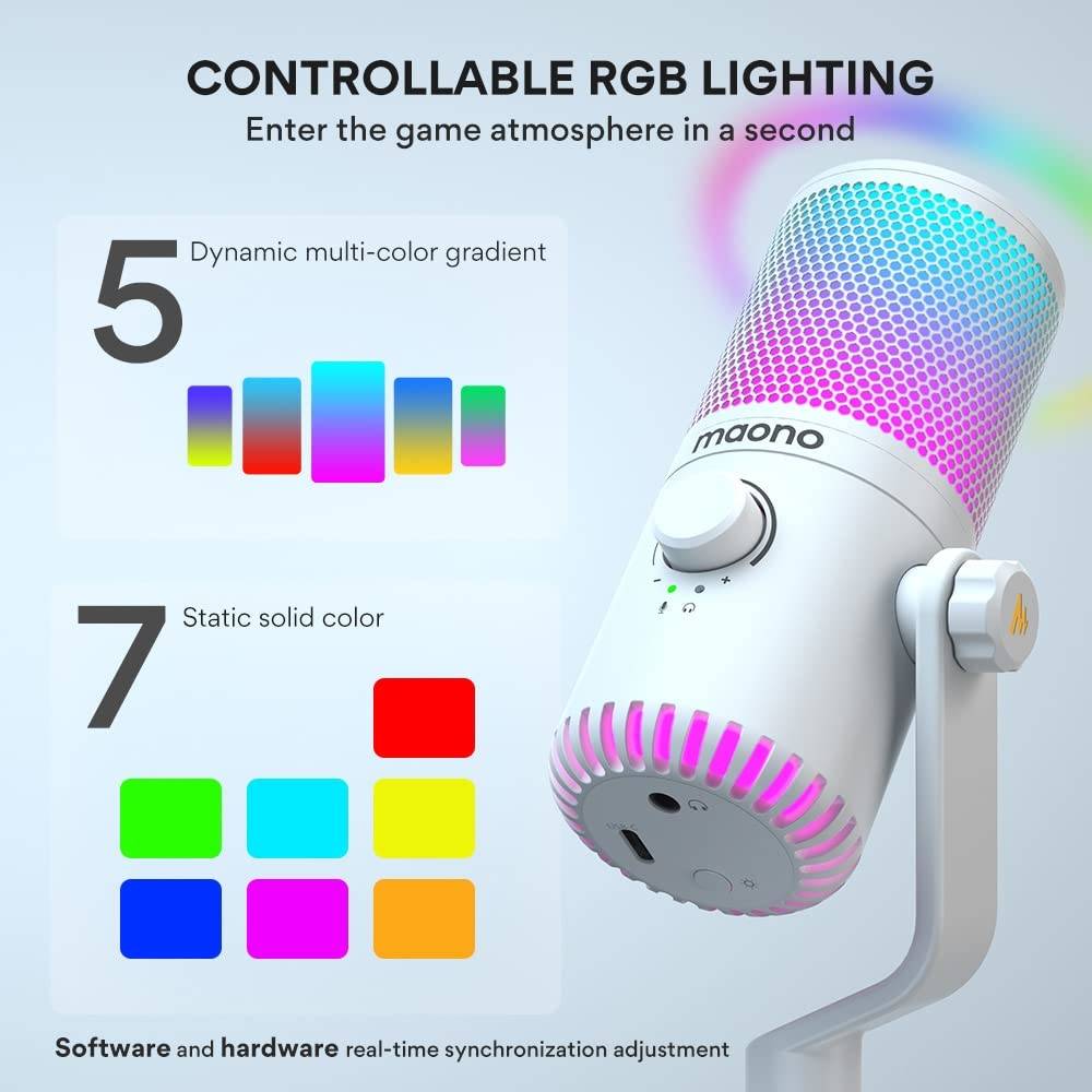 Maono DM30 White RGB USB Condenser Microphone, Cardioid Polar Pattern, 20Hz-20kHz Frequency Response, -4dBFS Sensitivity, 9 Controllable RGB Light, Real Time Monitoring, White