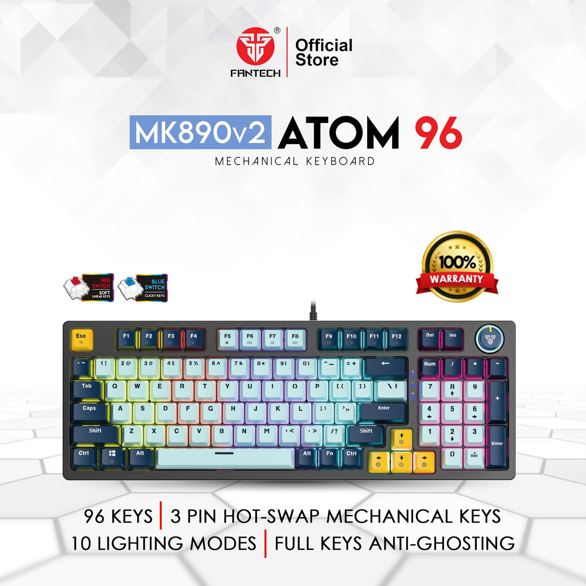 Fantech MK890 V2 Wired Gaming Mechanical Keyboard, 96 Keys, Blue Switch, Navy Blue | MK890V2MIZUNB