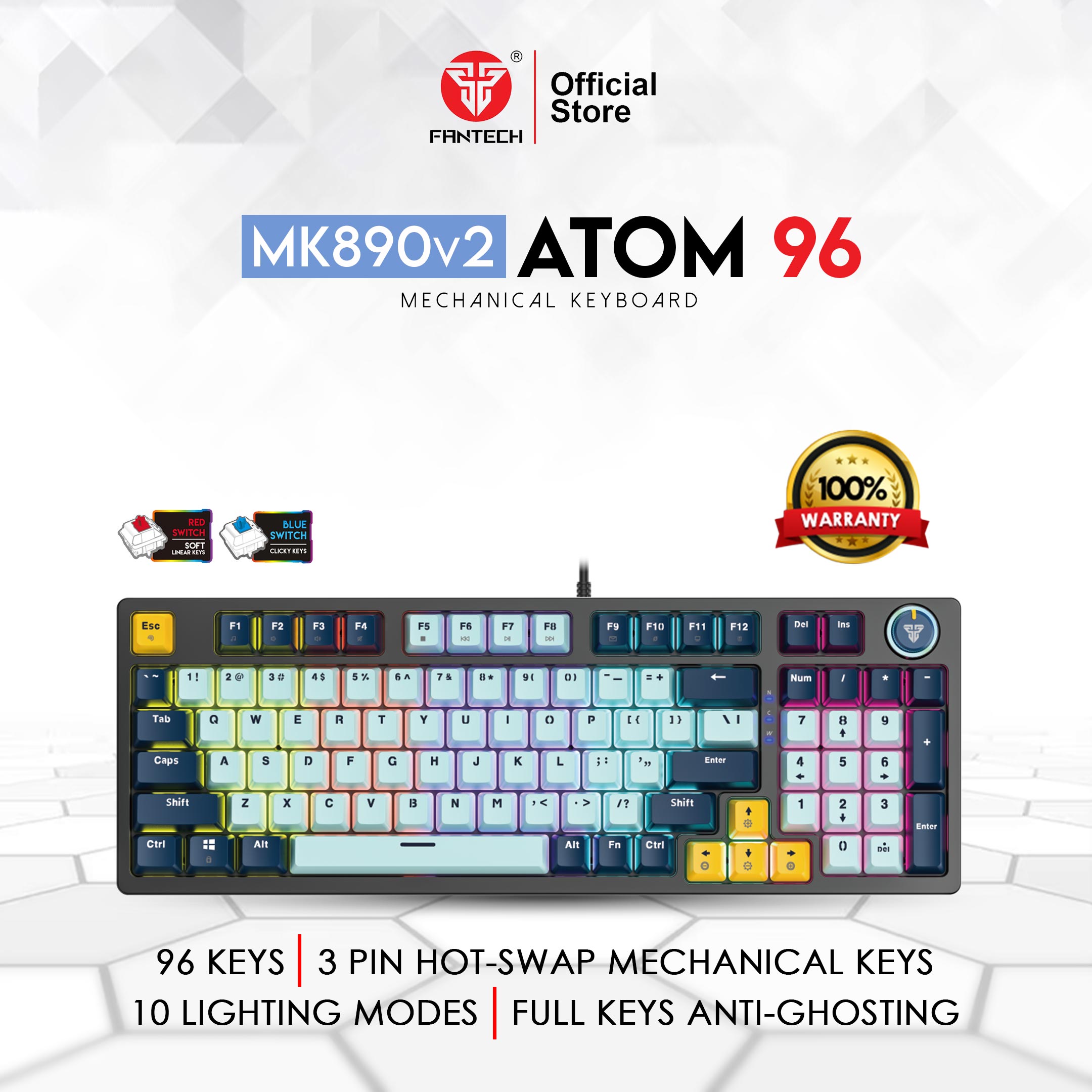 Fantech MK890 V2 Wired Gaming Mechanical Keyboard, 96 Keys, Blue Switch, Navy Blue | MK890V2MIZUNB