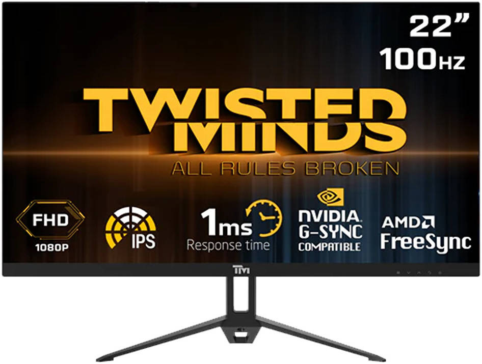 شاشة ألعاب Twisted Minds مقاس 22 بوصة بتقنية FHD، وتقنية لوحة IPS، ودقة Full HD 1920 × 1080، ومعدل تحديث 100 هرتز، ووقت استجابة 1 مللي ثانية، ومكبر صوت، ومنفذ HDMI 1.4 / VGA / صوت / تيار مستمر، باللون الأسود | TM22FHD100IPS