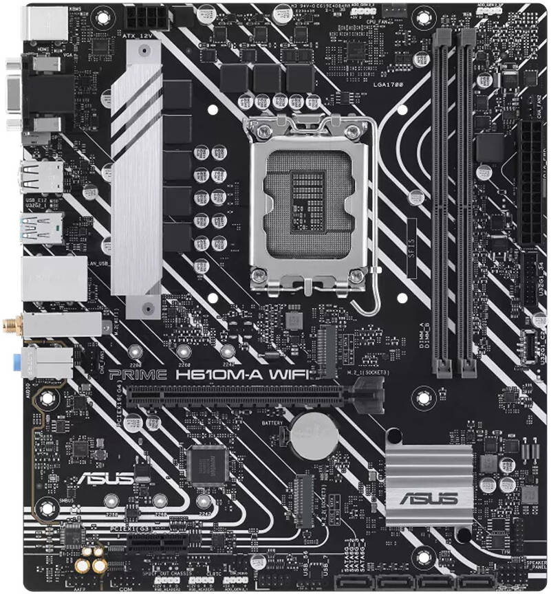 Asus Prime H610M-A WIFI Micro ATX LGA 1700 DDR5 Motherboard, Intel H610 Chipset, 2x DIMM DDR5 Slots, 96GB Max Memory, 2x M 2 Slots, 1x PCIe 4 0 x16 Slot, Wi-Fi 5 BT5 Connectivty 90MB1G00-M0EAY0