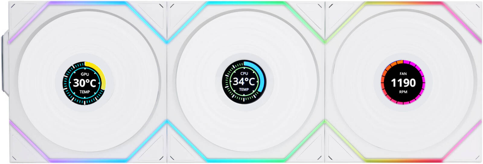 Lian-Li UNI FAN TL120 LCD Wireless Pack of 3 Chassis Fan, White, 120mm Fan Size, 1900 RPM Fan Speed, 62 CFM Fan Airflow, Fluid Dynamic Bearing Type, PBT & PA66 Material