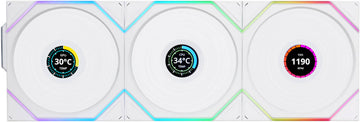 Lian-Li UNI FAN TL120 LCD Wireless Pack of 3 Chassis Fan, White, 120mm Fan Size, 1900 RPM Fan Speed, 62 CFM Fan Airflow, Fluid Dynamic Bearing Type, PBT & PA66 Material