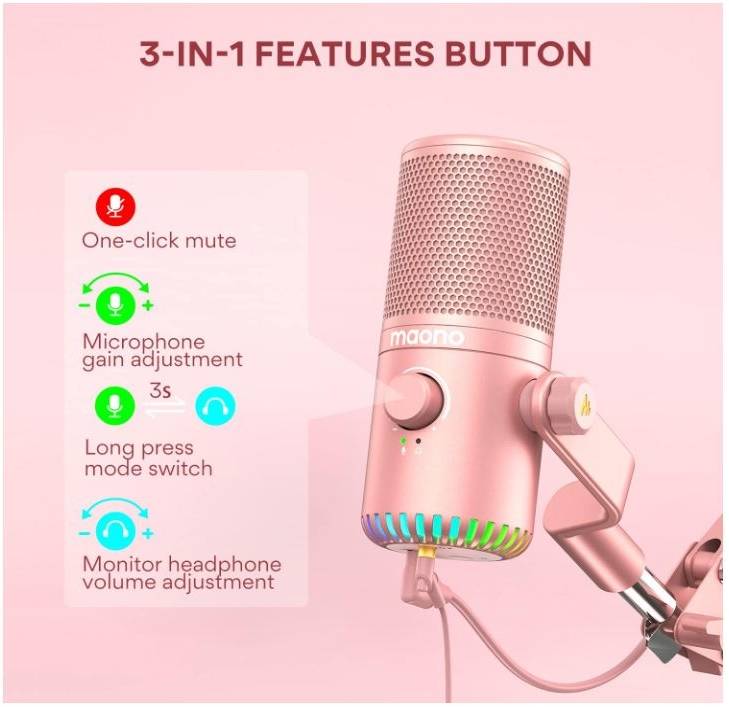 Maono DM30 Pink RGB USB Condenser Microphone, Cardioid Polar Pattern, 20Hz-20kHz Frequency Response, -4dBFS Sensitivity, 9 Controllable RGB Light, Real Time Monitoring, Pink
