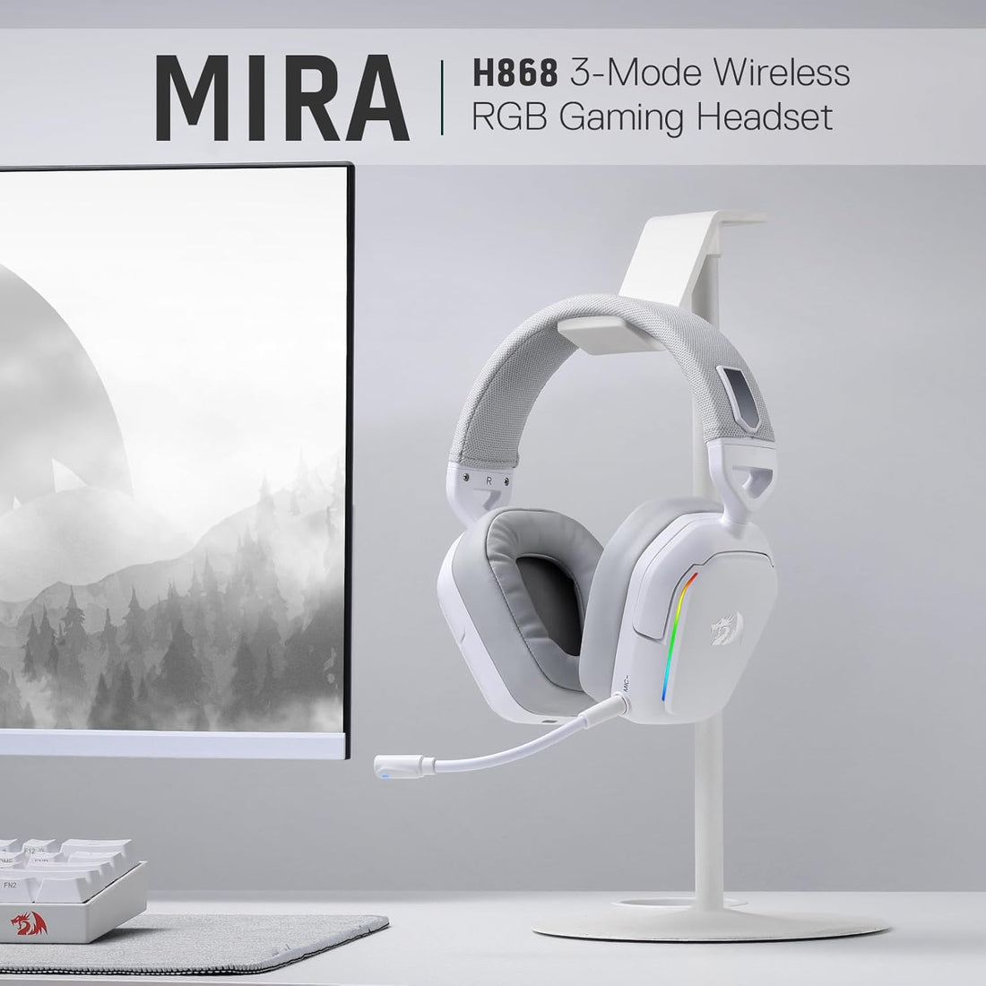 Redragon Mira White 3-Mode Wireless RGB Gaming Headset, 7.1 Surround Sound, 40 mm Driver, Leather Foam Ear Pads, Noise Cancelling Microphone, Over-Ear Headphones for Mobile Phone, PC/PS5/XBOX/NS, White| H868W