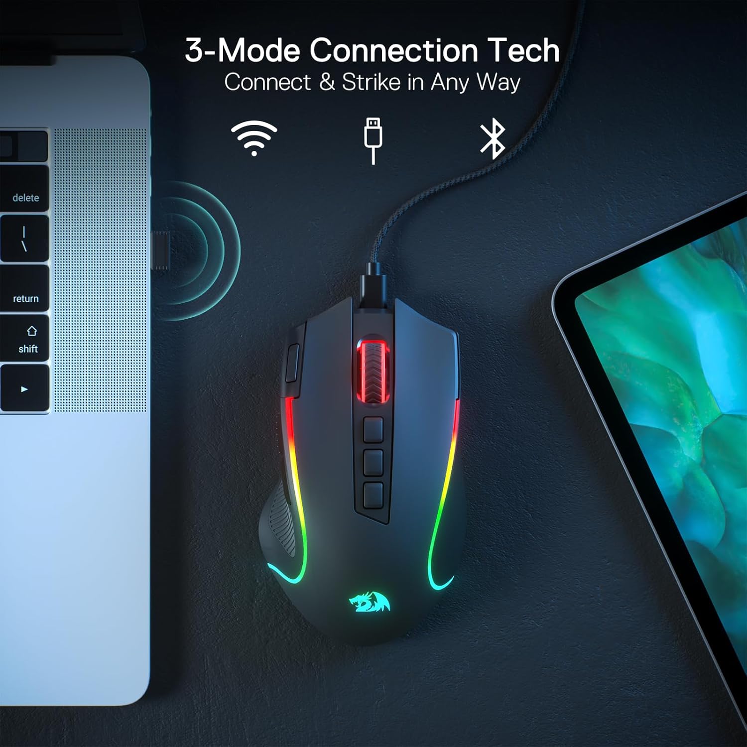 Redragon M612 Predator Pro RGB Wireless Gaming Mouse, 8000 DPI Wired/Wireless Optical Mouse with 9 Programmable Buttons & 7 Backlit Modes, BT & 2.4G Wireless, Software Supports DIY Keybinds Rapid Fire Button