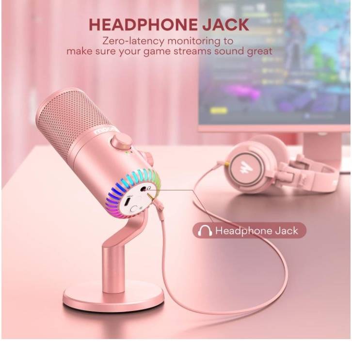Maono DM30 Pink RGB USB Condenser Microphone, Cardioid Polar Pattern, 20Hz-20kHz Frequency Response, -4dBFS Sensitivity, 9 Controllable RGB Light, Real Time Monitoring, Pink