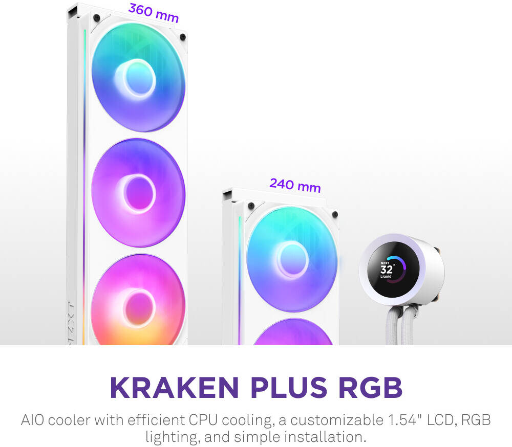 NZXT Kraken Plus 240 RGB Liquid CPU Cooler, 1.54" Transmissive TFT, 262K Color Panel, 240mm Radiator, F240 Fans, 2400 RPM Fan Speed, 75.05 CFM Fan Airflow, White | RL-KR240-W2