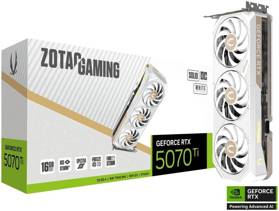 ZOTAC GAMING GeForce RTX 5070 Ti SOLID CORE OC 16GB 256-Bit Memory GDDR7 Graphics Card, 8960 CUDA Cores, PCI Express 5.0 x16, White | ZT-B50710Q2-10P
