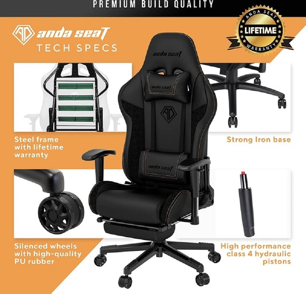 AndaSeat Jungle 2 Series Premium Gaming Chair, Sturdy Retractable Footrest, Ergonomic Design, High-Quality PVC Leather, Lifetime Framework, Black | AD5T-03-BR-PV