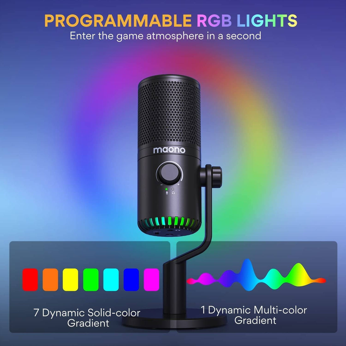 Maono DM30 Black RGB USB Condenser Microphone, Cardioid Polar Pattern, 20Hz-20kHz Frequency Response, -4dBFS Sensitivity, 9 Controllable RGB Light, Real Time Monitoring, Black | DM30