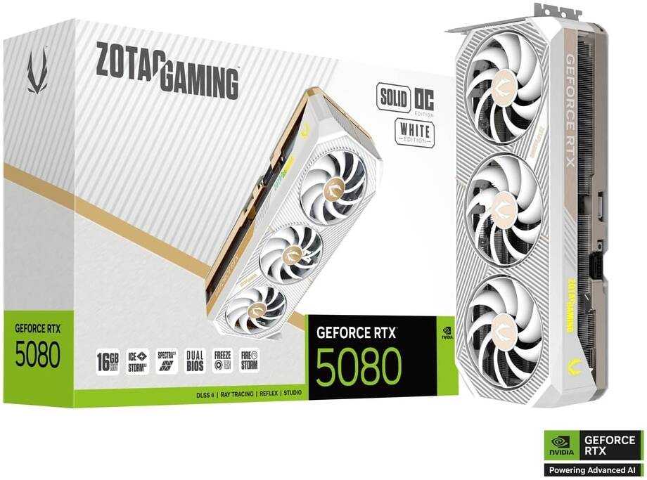 ZOTAC GAMING GeForce RTX 5080 SOLID OC White Edition 16GB GDDR7 256-Bit Memory Gaming Graphics Card |  ZT-B50800Q-10P