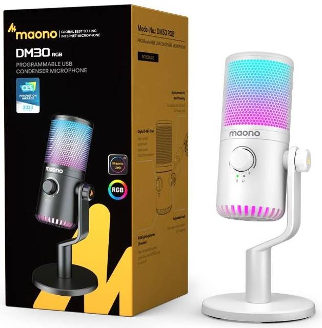 Maono DM30 White RGB USB Condenser Microphone, Cardioid Polar Pattern, 20Hz-20kHz Frequency Response, -4dBFS Sensitivity, 9 Controllable RGB Light, Real Time Monitoring, White