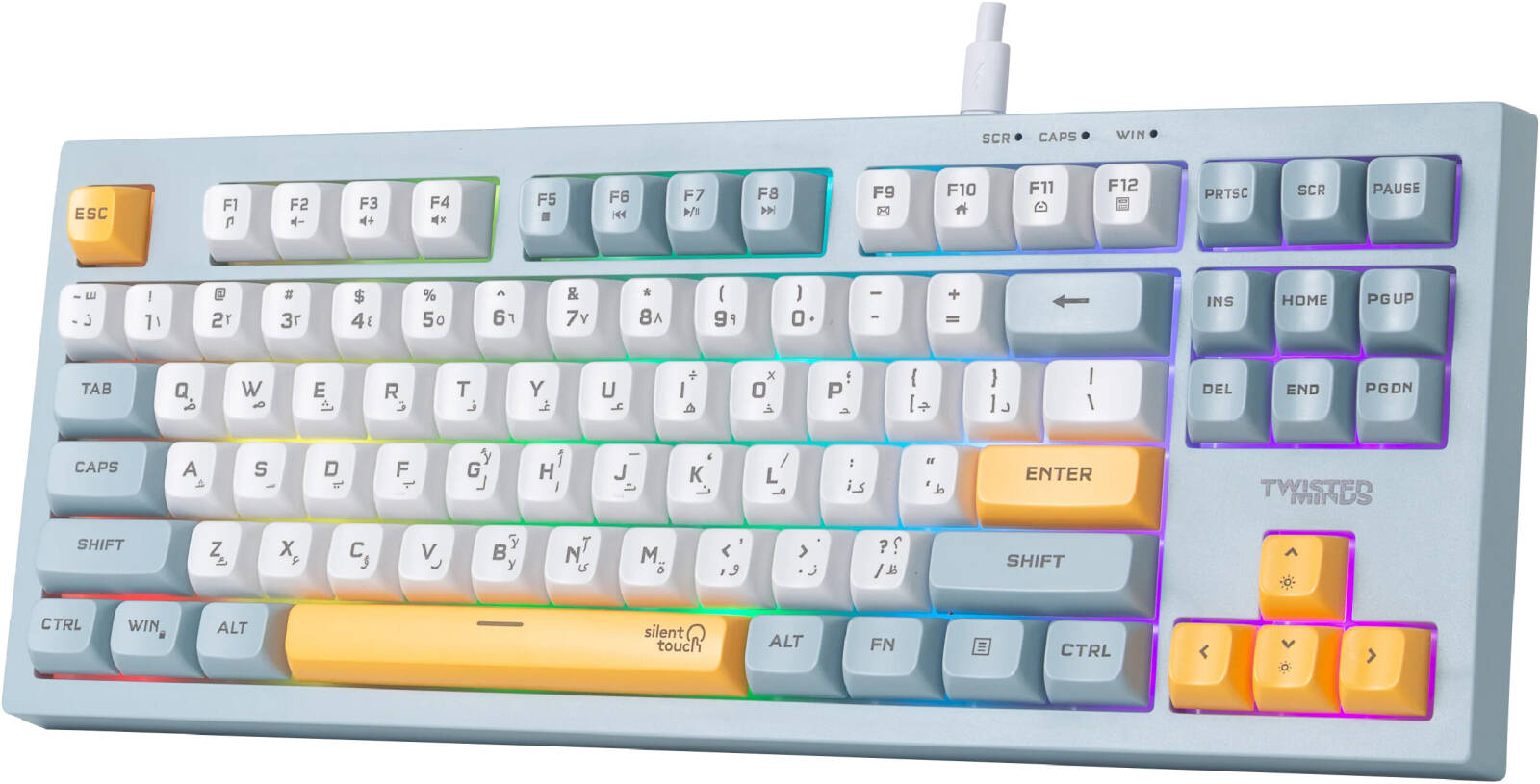 Twisted Minds TM-MK75-W 80% Wired Gaming Keyboard, Spectrum Series, 87 Keys, English/Arabic Layout, Silver Paste, Rainbow Backlit, 19-Key Anti-Ghosting, 1.5m Detachable Cable, Blue | TM-MK75-W
