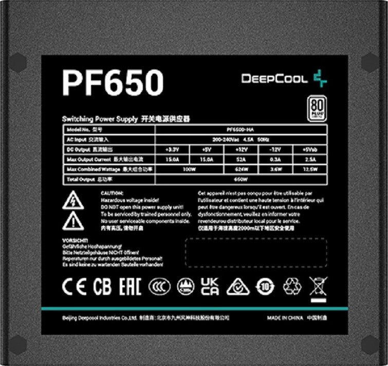 Deepcool PF650D 650W 80+ Standard Power Supply, 120mm Fan Size, Hypro Bearing, Active PFC + Double Tube Forward, Taiwan Bulk Capacitor, OPP/OVP/SCP Protection, Black | R-PF650D-HA0B-UK
