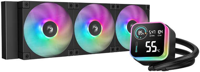 DeepCool LQ360 LCD Display 360mm Radiator AIO Liquid CPU Cooler, 2400 RPM Fan Speed, 72.04 CFM Fan Airflow, Hydro Bearing Type, Anti-Leak Technology, Black | R-LQ360-BKLSMW-G-1