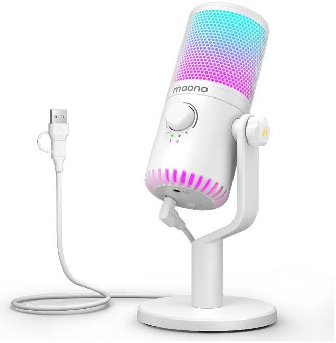Maono DM30 White RGB USB Condenser Microphone, Cardioid Polar Pattern, 20Hz-20kHz Frequency Response, -4dBFS Sensitivity, 9 Controllable RGB Light, Real Time Monitoring, White