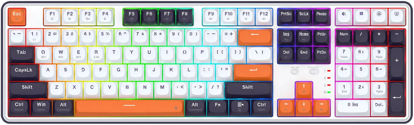 Redragon Wyvern PRO Wireless Gaming Keyboard, 104 Keys + 4 Extra Hot Keys, Linear Mint Mambo Switch, Hot Swap Base, 3-Layer Noise Reduction, Round PBT Keycaps, White/Black | K689WBO-RGB-PRO