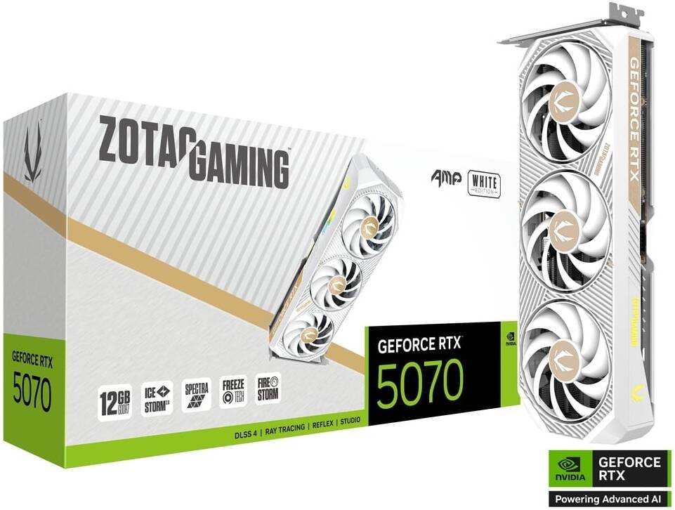 Zotac Gaming GeForce RTX 5070 12GB AMP White Edition GDDR7 Gaming Graphics Card, 192-Bit Memory, 2587 MHz Engine Clock, 28 Gbps Memory Clock, 6144 CUDA Cores, PCI Express 5.0 x16 | ZT-B50700FQ-10P