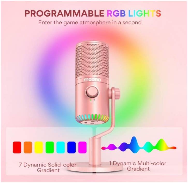 Maono DM30 Pink RGB USB Condenser Microphone, Cardioid Polar Pattern, 20Hz-20kHz Frequency Response, -4dBFS Sensitivity, 9 Controllable RGB Light, Real Time Monitoring, Pink