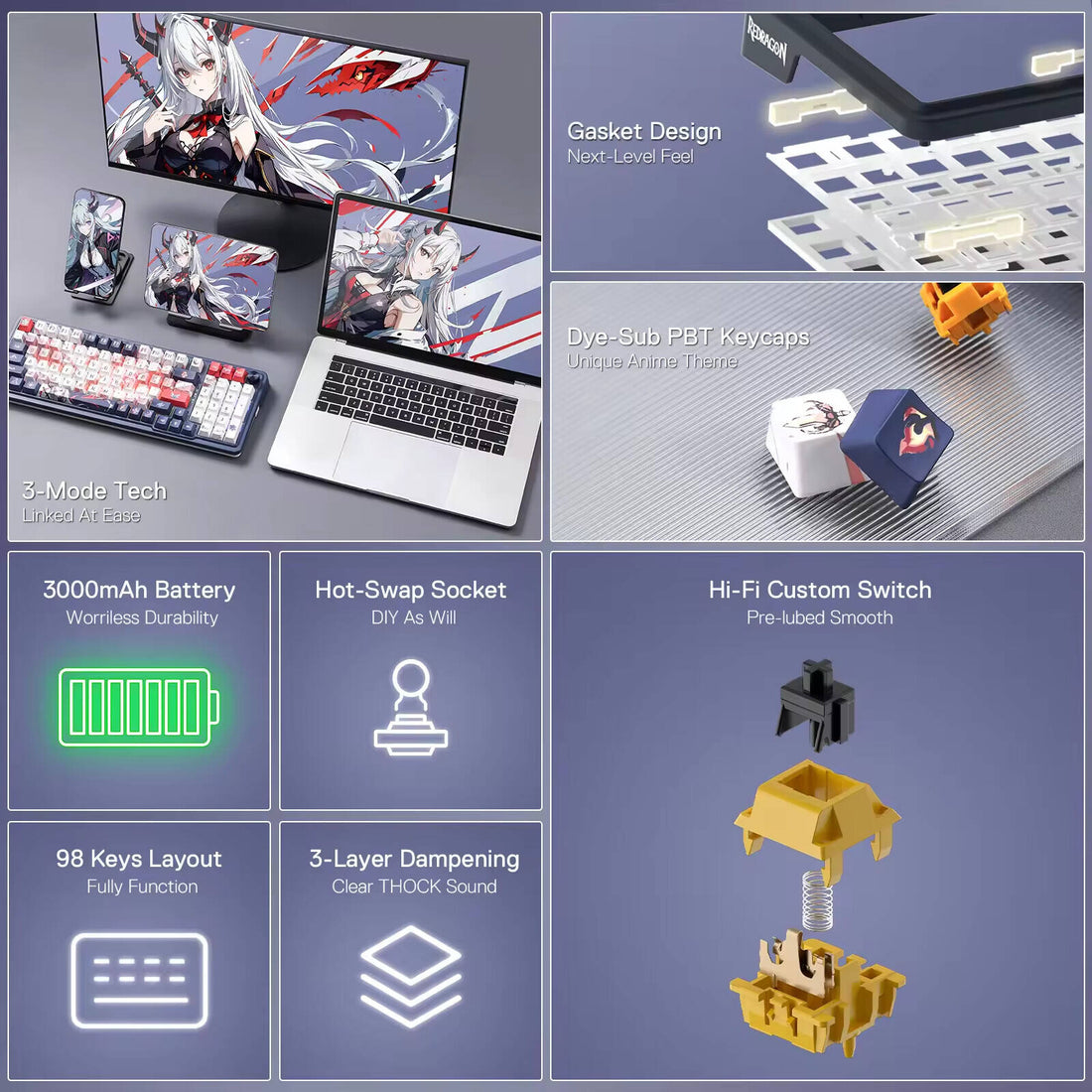 Redragon Eisa Pro K686AK Gasket Wireless 96% Mechanical Keyboard, 98 Keys, Triple Mode, Leopard L Linear Switch, RGB Lighting, Hot Swappable, Dedicated Knob, Side-Printed PBT, Blue/White/Red | K686AK-RGB-PRO