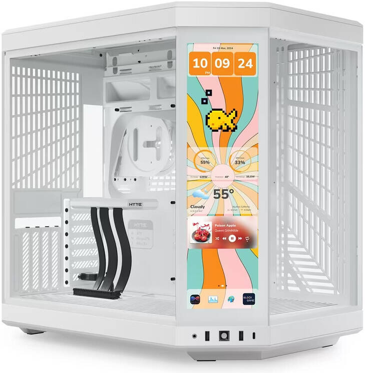 HYTE Y70 Touch Infinite White Dual Chamber Gaming Case, 14.5" 688 x 2560 (2.5K) Touch Display, Up to 10 Fans & 360mm Radiator Support | CS-HYTE-Y70TI-WW