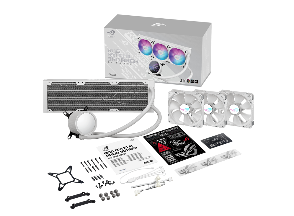 ASUS ROG Ryuo III 360 WHITE ARGB CPU Gaming Liquid Cooler, 8th Gen Asetek Pump, Anime Matrix LED, 2200 RPM Speed 3 x Fan, 2600 RPM Pump Speed, LGA 1700,1200,115X / AM5,AM4