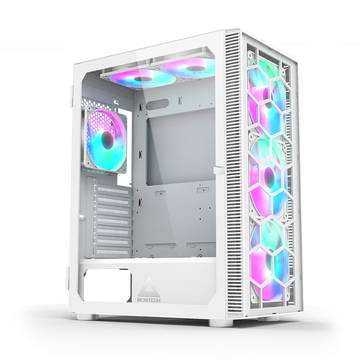 Montech X3 Glass ATX Mid-Tower, Six Fixed Lighting RGB Fans Pre-Installed, Side Swivel Tempered Glass | White
