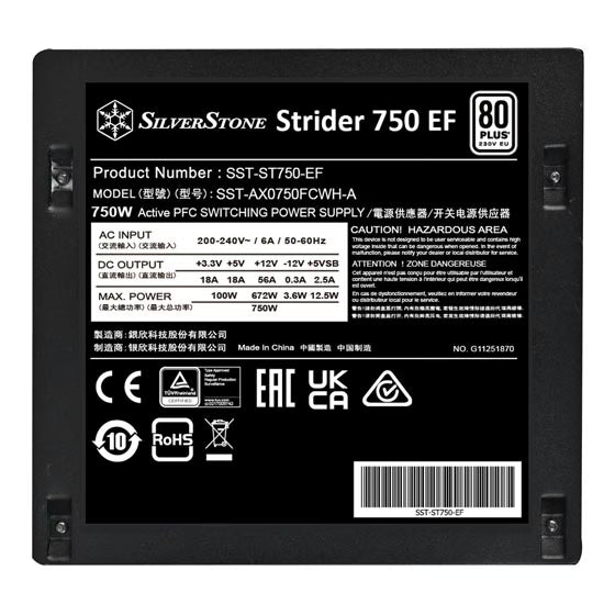 Silverstone Strider 750 EF 80 PLUS 230V EU 750W ATX (PS2) Power Supply
