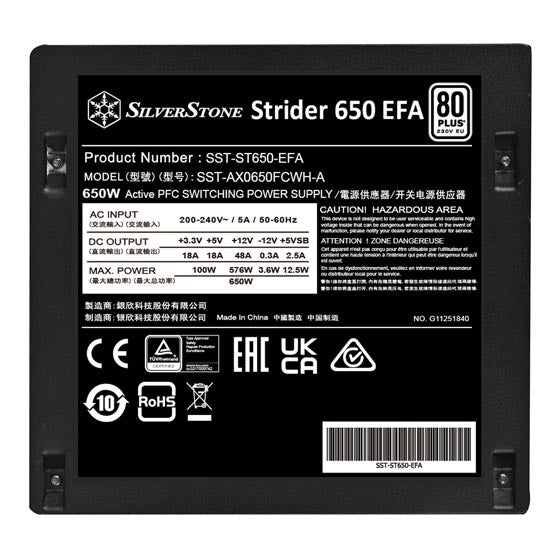 مزود الطاقة Silverstone Strider 650W أسود 80 PLUS 230V ATX (PS2) | SST-ST650-EFA