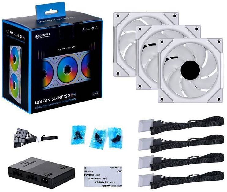 مجموعة Lian Li UNI Fan SL-Infinity 120mm RGB ثلاثية مع وحدة تحكم، باللون الأبيض